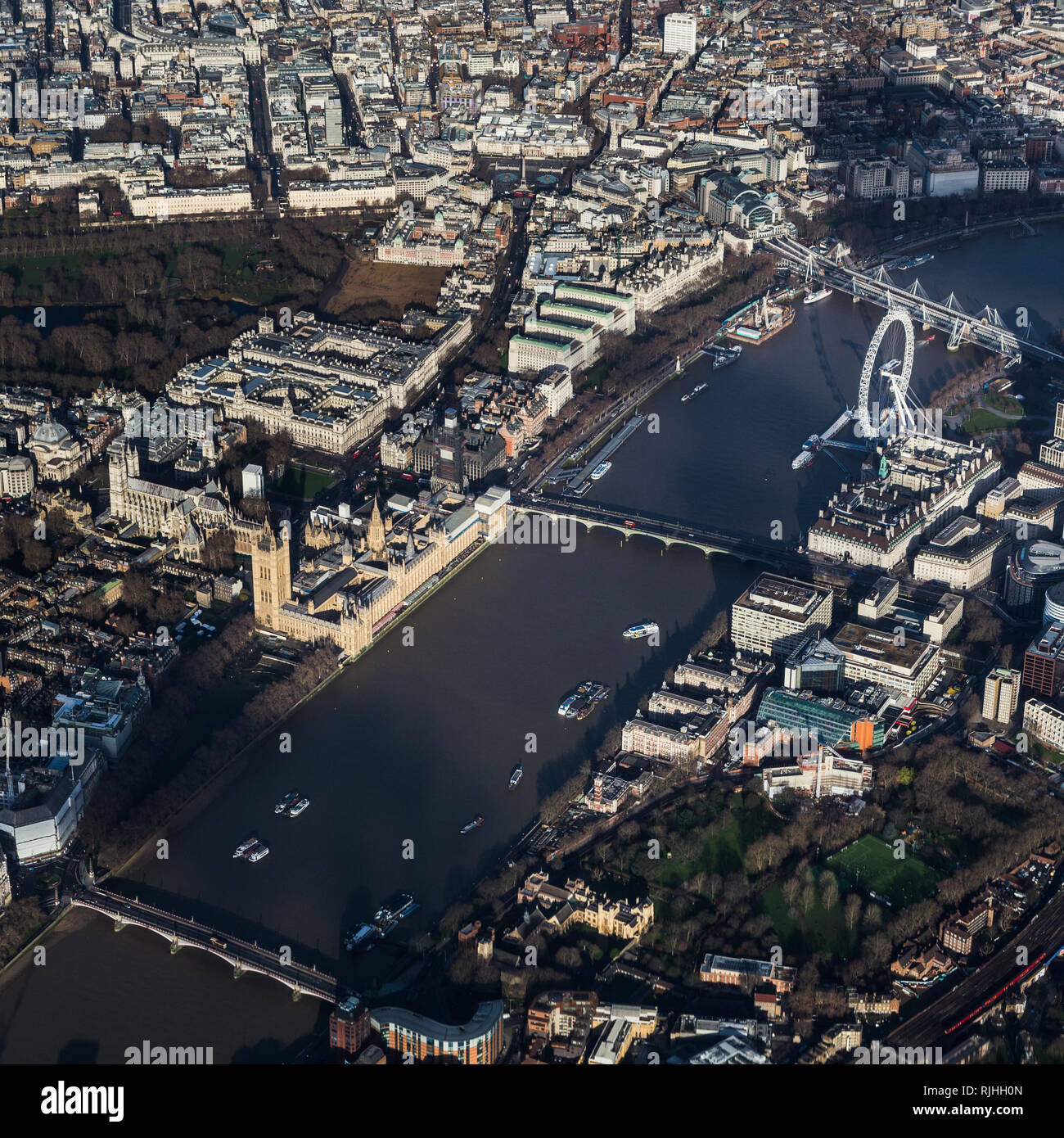 Vue aérienne de la Thames autour de Westminster Banque D'Images