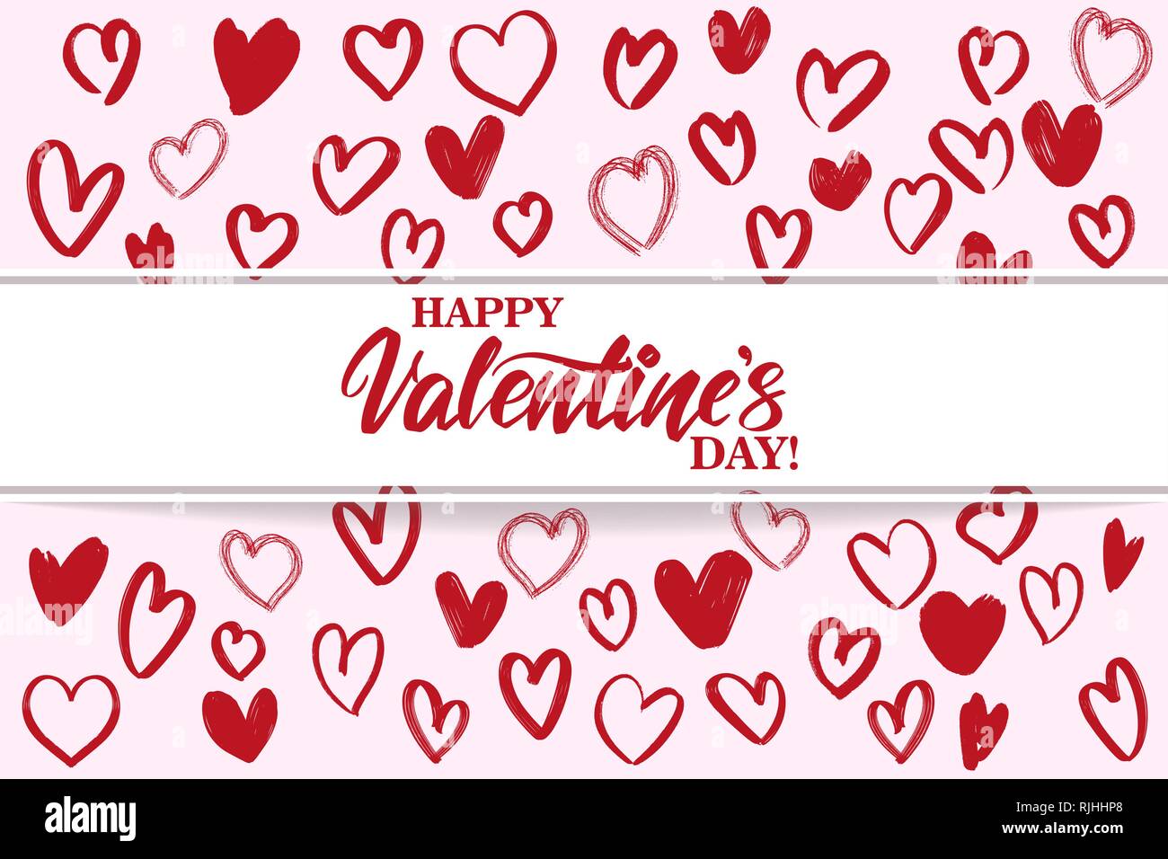 Happy Valentine s day text sur le fond des coeurs. , Valentine s day, carte de souhaits hand drawn vector illustration croquis. Lettrage calligraphie Illustration de Vecteur