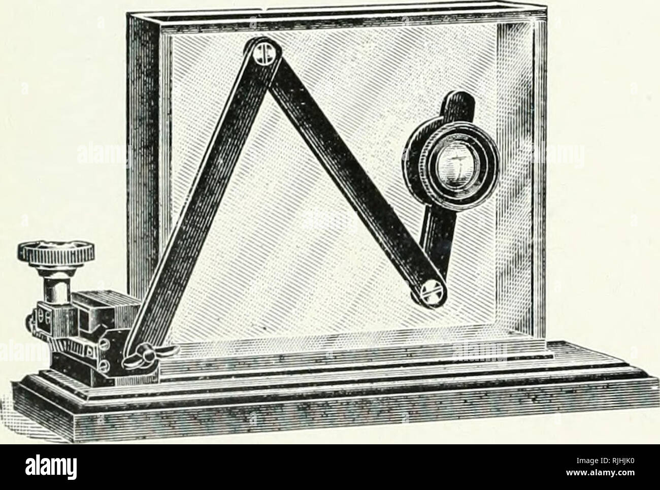 . Beck microscopes. Les microscopes. C'est monté sur un banc d'optique complet composé d'une barre d'acier solide (A) 24 à de long, réalisée sur 2 barres de traverse (B), sup- porté sur 2 vis de mise à niveau (C). La projection sur une extrémité de la barre est fixée automatiquement une lampe à arc (D) 5 à 10 A, qui a le carbone positive (E) à l'horizontale et la verticale de carbone négatif. Le cratère de l'arc est donc directement en face de la chan- axe optique de l'établi. La lampe à arc est enfermé dans une lampe (F) avec les portes latérales et d'une petite ouverture tubulaire (H) à l'avant pour permettre à la lumière d'apparaître. La lampe est également pourvu Banque D'Images