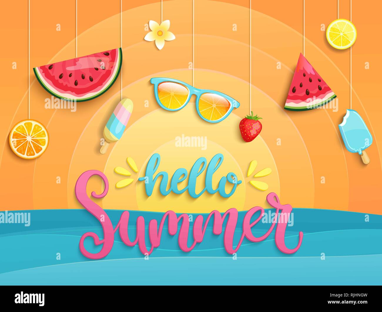 Hello Summer flyer avec symboles d'été. Illustration de Vecteur