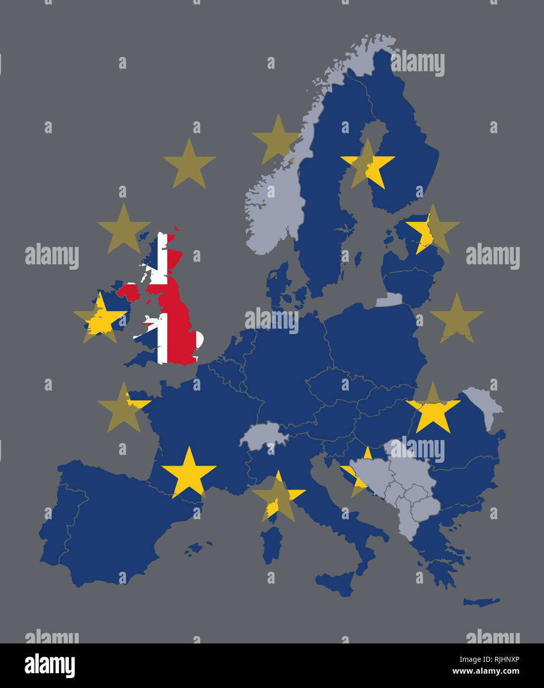 Carte des états membres de l'UE avec drapeau de l'Union européenne et le Royaume-Uni l'objet avec pavillon britannique au cours de processus Brexit Banque D'Images
