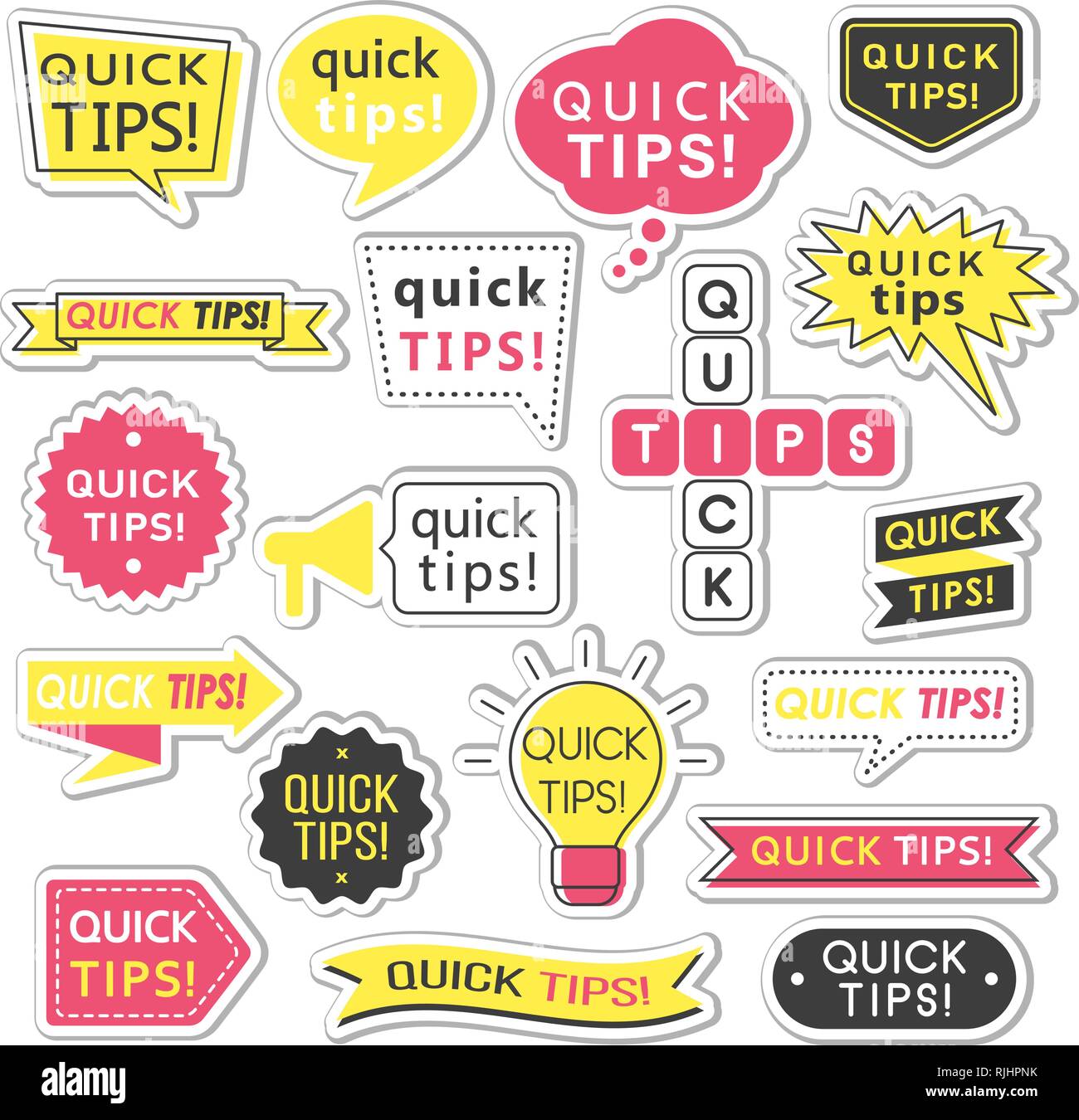 Autocollants avec conseils rapides inscription. Trucs et astuces utiles et suggestions les logos, emblèmes et des bannières. Idée utile, solution et astuce illustration pour boo Illustration de Vecteur