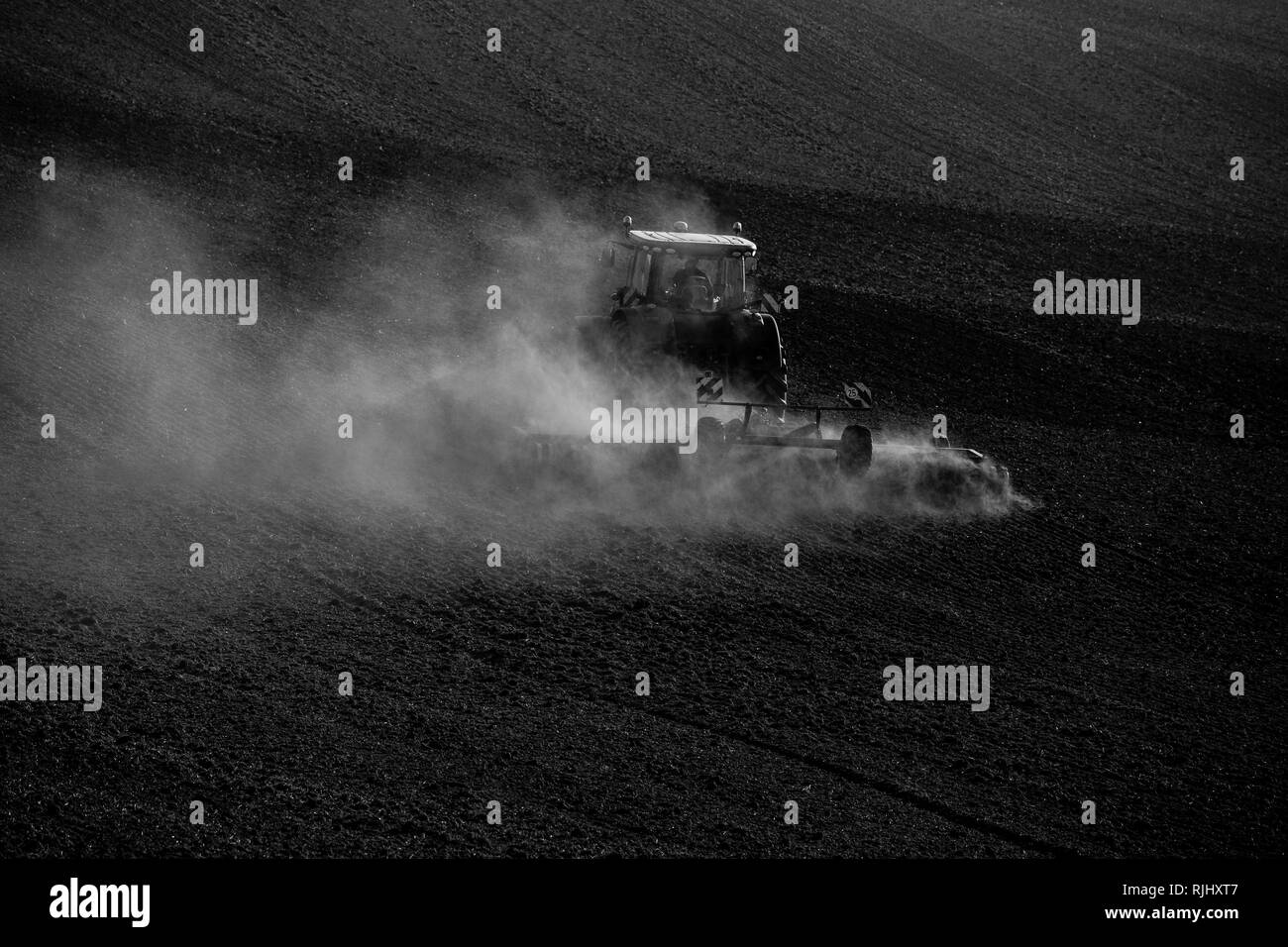 Le tracteur au cours de l'automne les travaux dans les domaines de la Moravie du Sud au coucher du soleil Banque D'Images