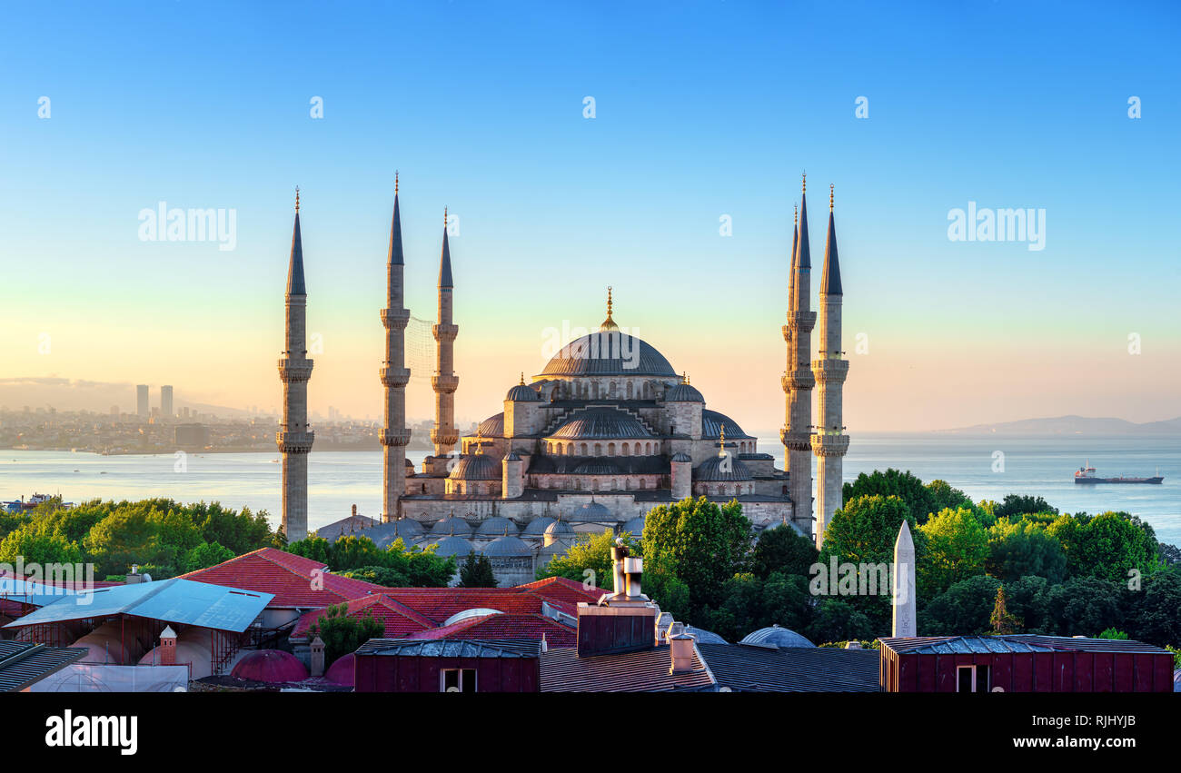 La mosquée bleue et le Bosphore à Istanbul, Turquie Banque D'Images