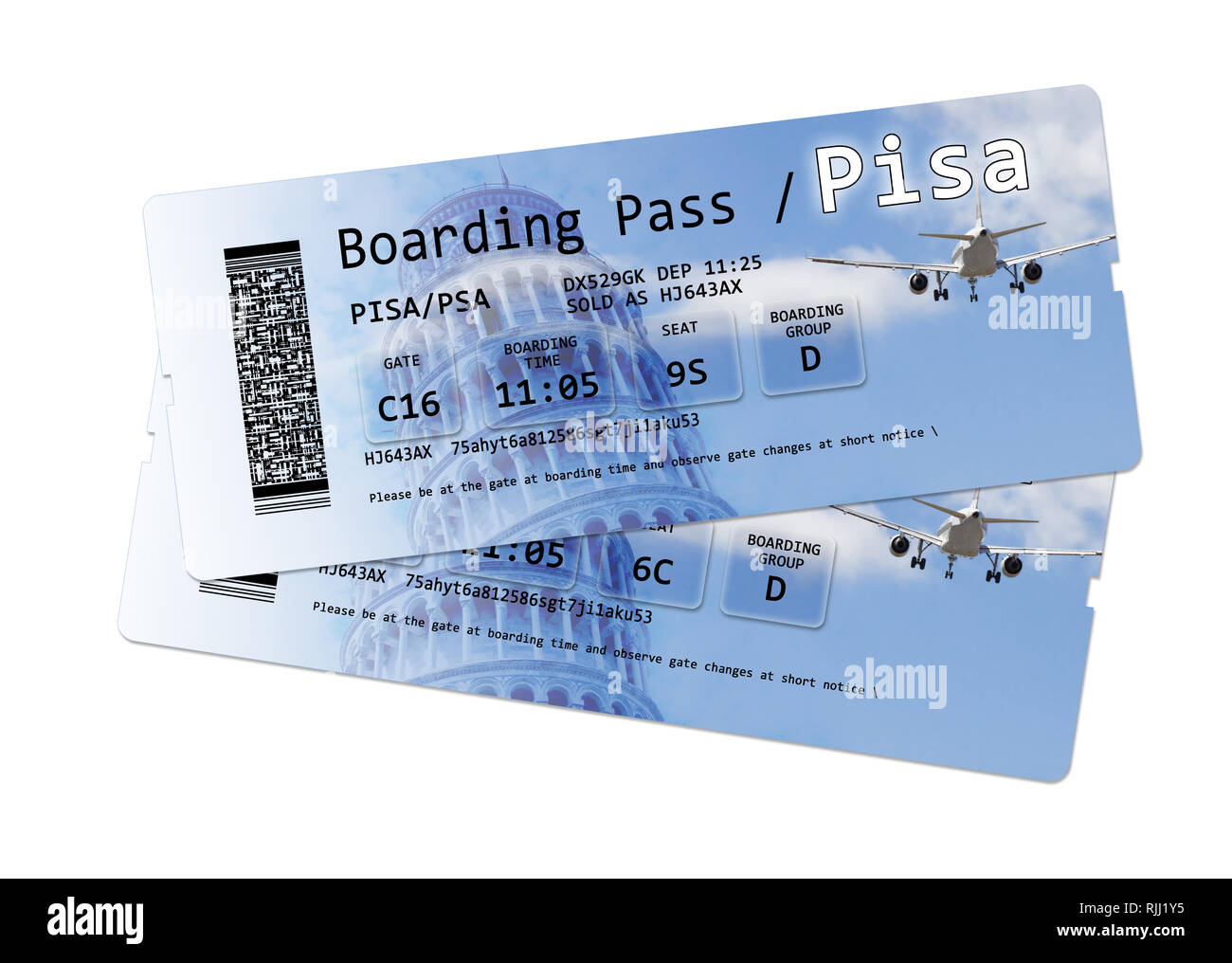 Billets d'embarquement des compagnies aériennes à 'l'Aéroport International de Pise' isolé sur blanc. Le contenu de l'image sont totalement inventés. L'image d'arrière-plan Banque D'Images