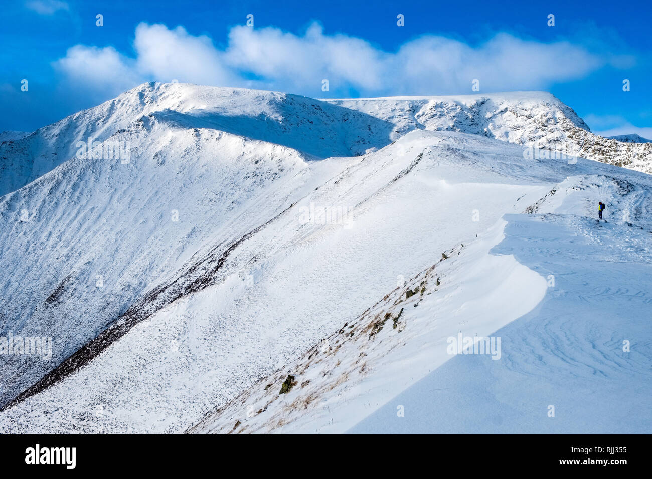 Walker sur les échelles de Blencathra est tombée en hiver la neige, Parc National de Lake District, Cumbria, Royaume-Uni Banque D'Images