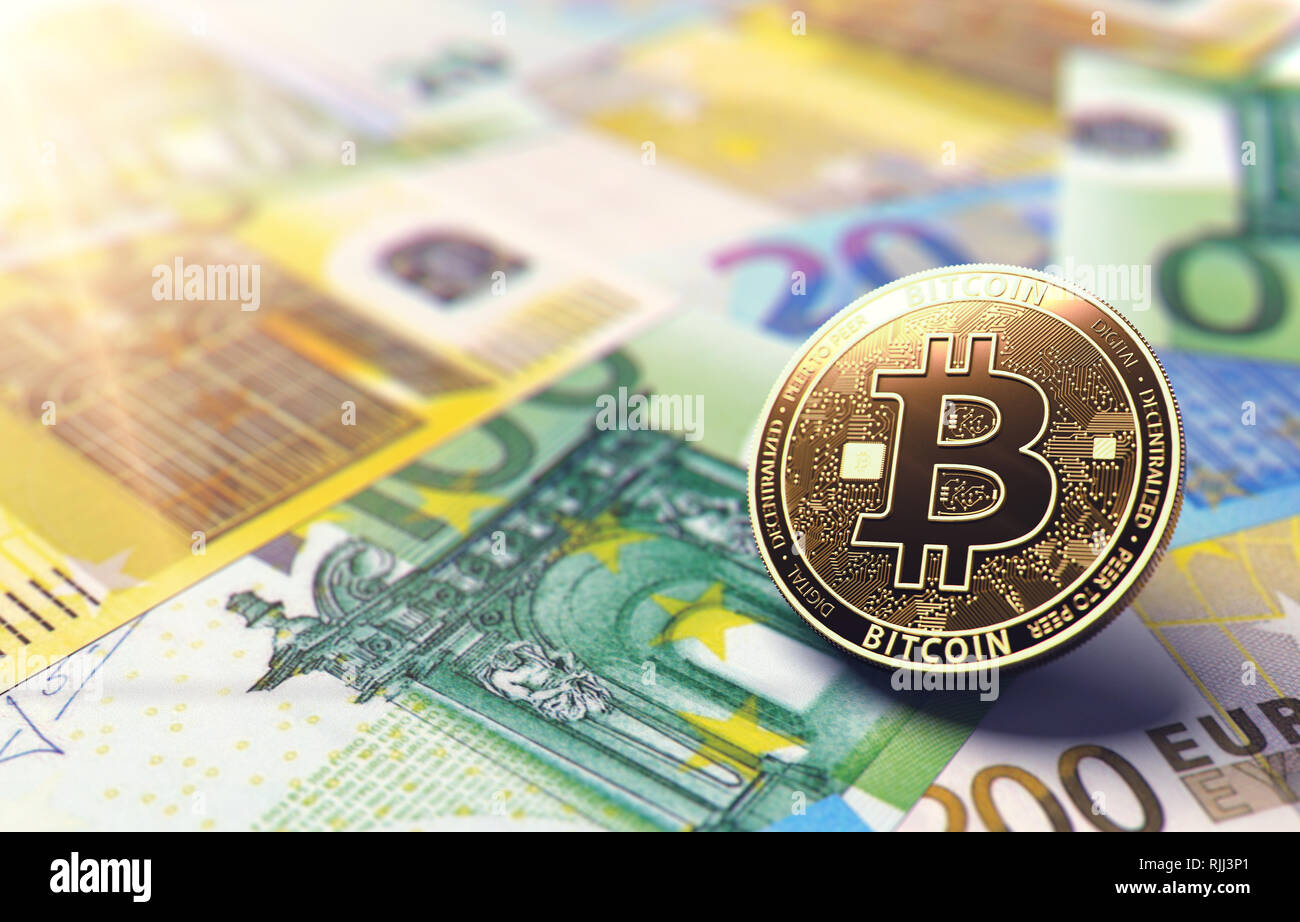 Coin Bitcoin sur Euro bills. Situation de l'Europe unie en Bitcoin concept. Le rendu 3D Banque D'Images