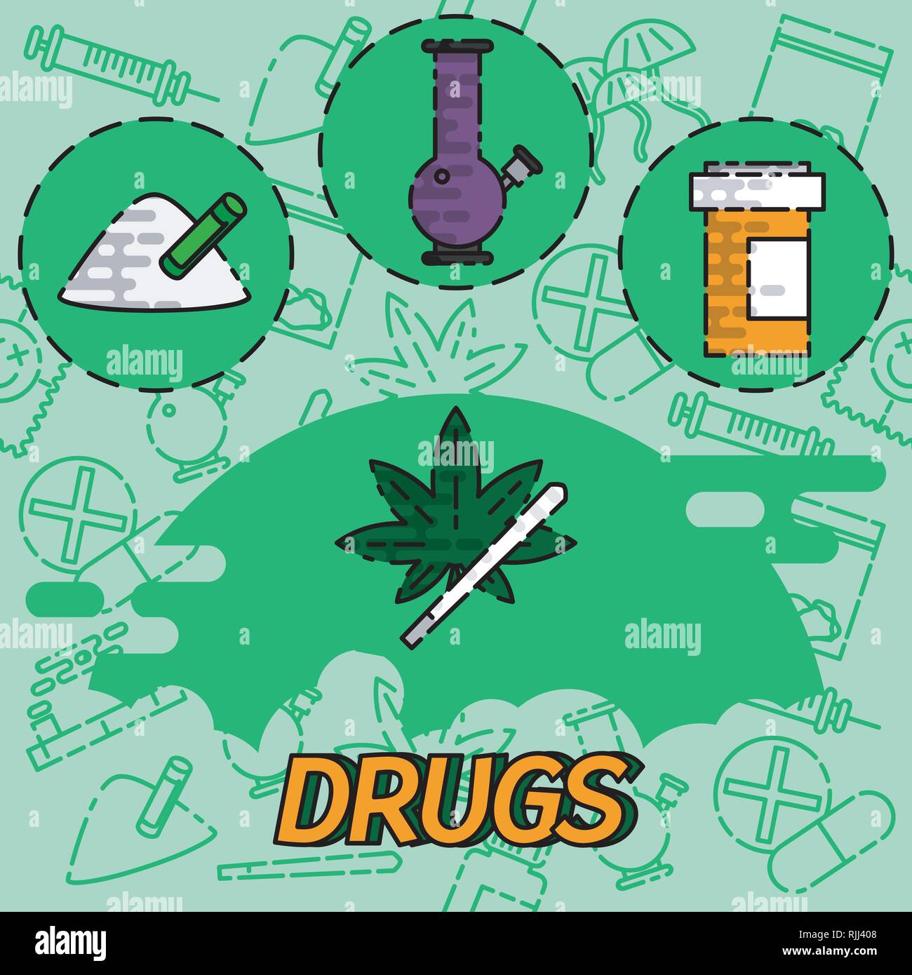 Concept d'icônes. médicaments télévision Les stupéfiants de la marijuana, de la toxicomanie et du tuyau à fumée, capsule, comprimé pharmacie, vector illustration Illustration de Vecteur