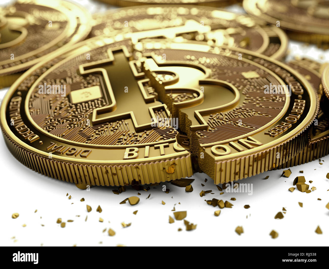 Gros plan sur les pièces de monnaie Bitcoin brisées ou fissurées portant  sur fond blanc. Crash Bitcoin concept. Le rendu 3D Photo Stock - Alamy