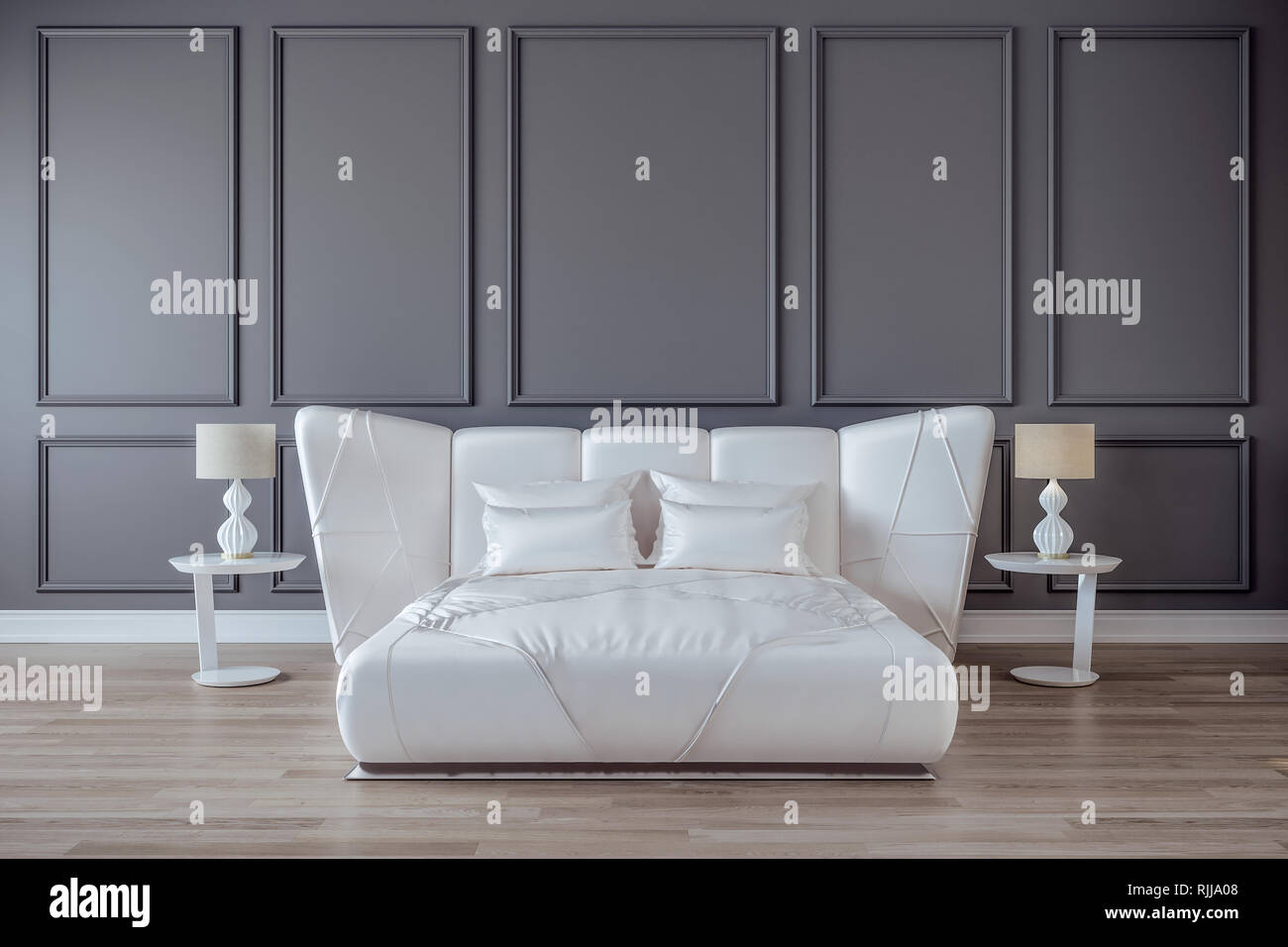 L'intérieur de conception de chambre à coucher moderne, lit en satin blanc  et gris, mur, plancher en bois foncé, 3D Rendering Photo Stock - Alamy