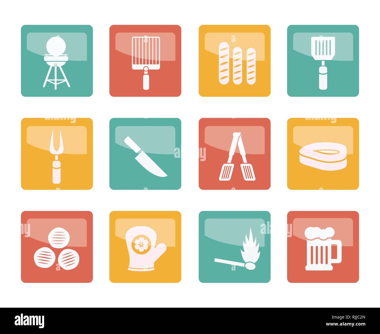 Pique-nique, barbecue et grill icônes sur fond coloré - vector icon set Illustration de Vecteur