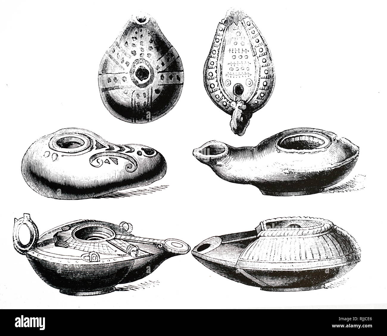 Une gravure représentant différentes lampes à huile de l'Égypte ancienne. En date du 19e siècle Banque D'Images