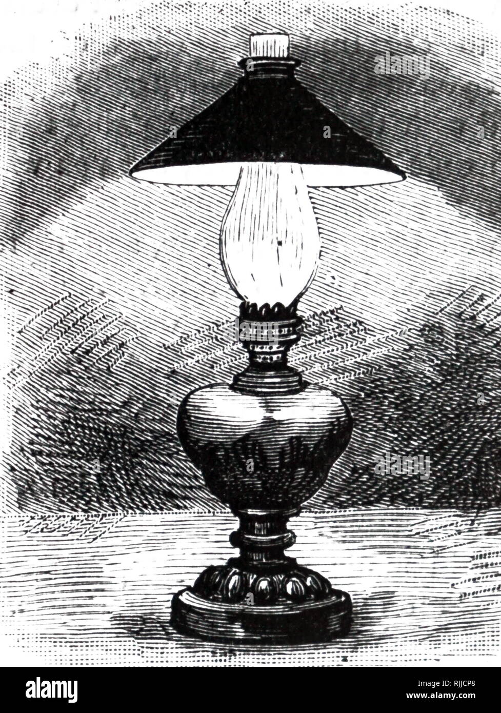 Une gravure représentant une lampe de table d'huile équipé d'une ombre. En date du 19e siècle Banque D'Images