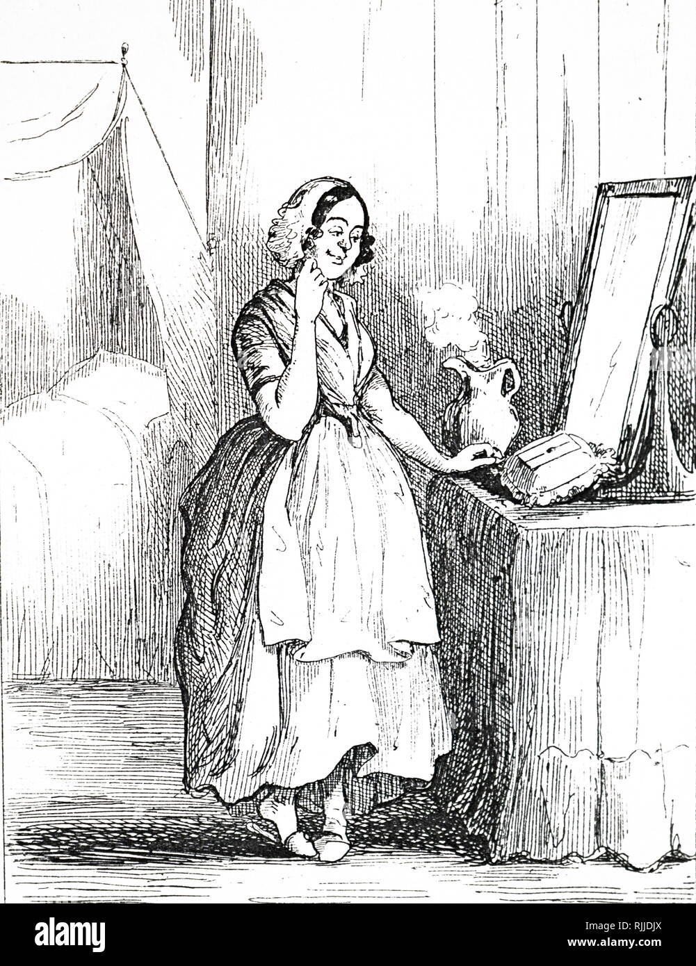 Une gravure représentant Becky Sharp's maid, qui vient d'une cruche d'eau chaude à la chambre à coucher, voit la note sur le récipient. Illustré par William Makepeace Thackeray (1811-1863), un romancier britannique et l'auteur. En date du 19e siècle Banque D'Images