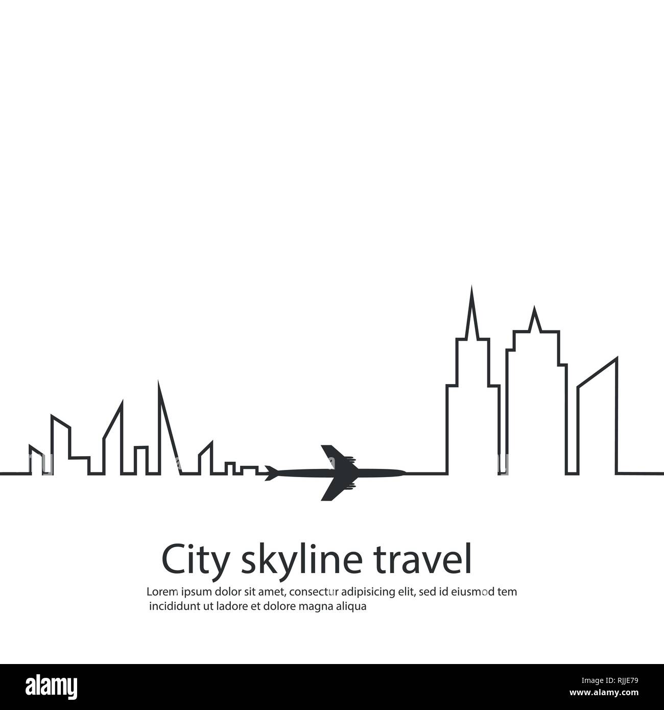 L'avion entre deux villes et sa voie ferrée et skyline sur fond blanc. Vector illustration. Chemin de vol de l'aéronef et de son itinéraire. le tourisme Illustration de Vecteur