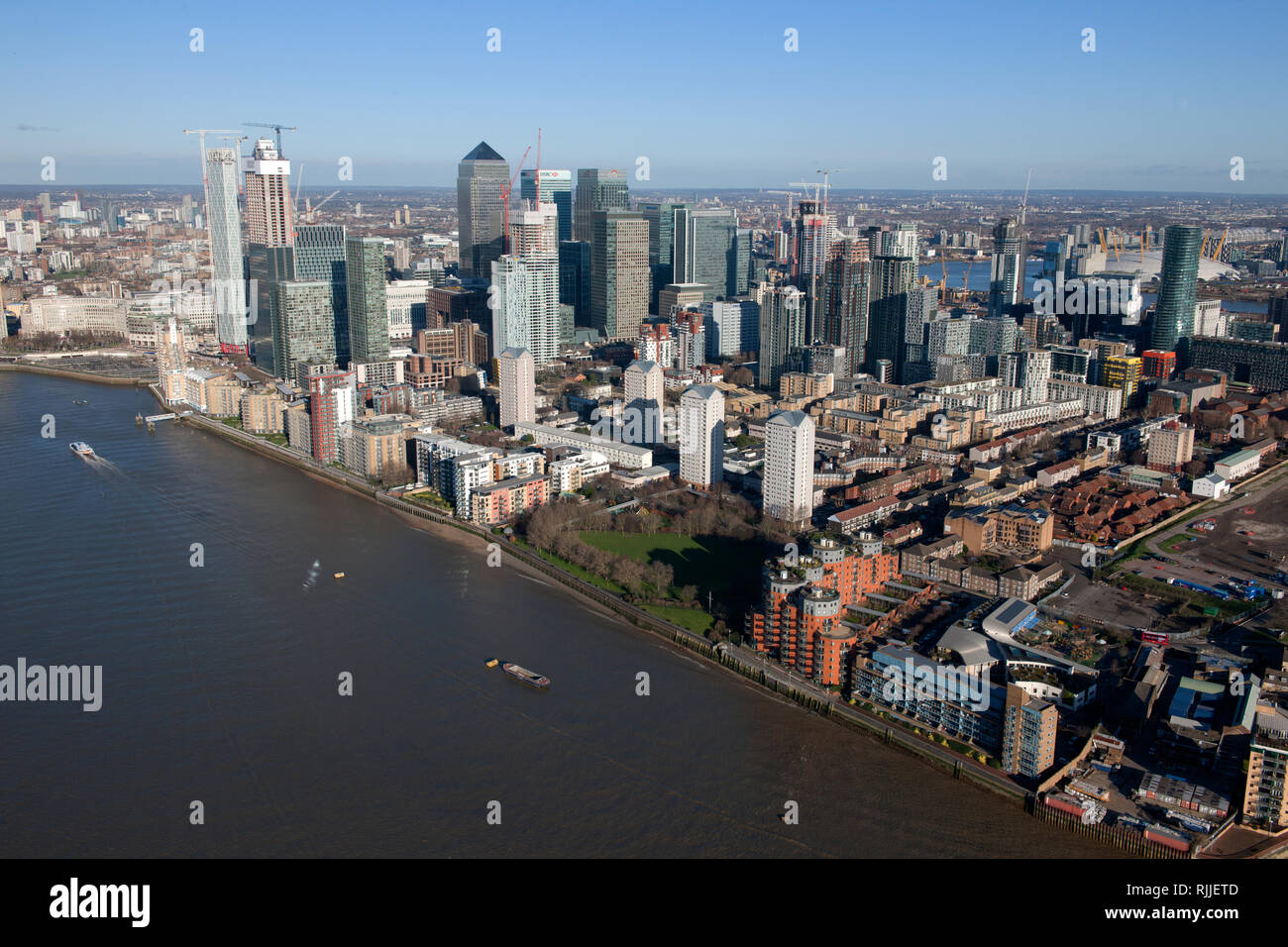 Quartier financier de Canary Wharf depuis les airs. Banque D'Images