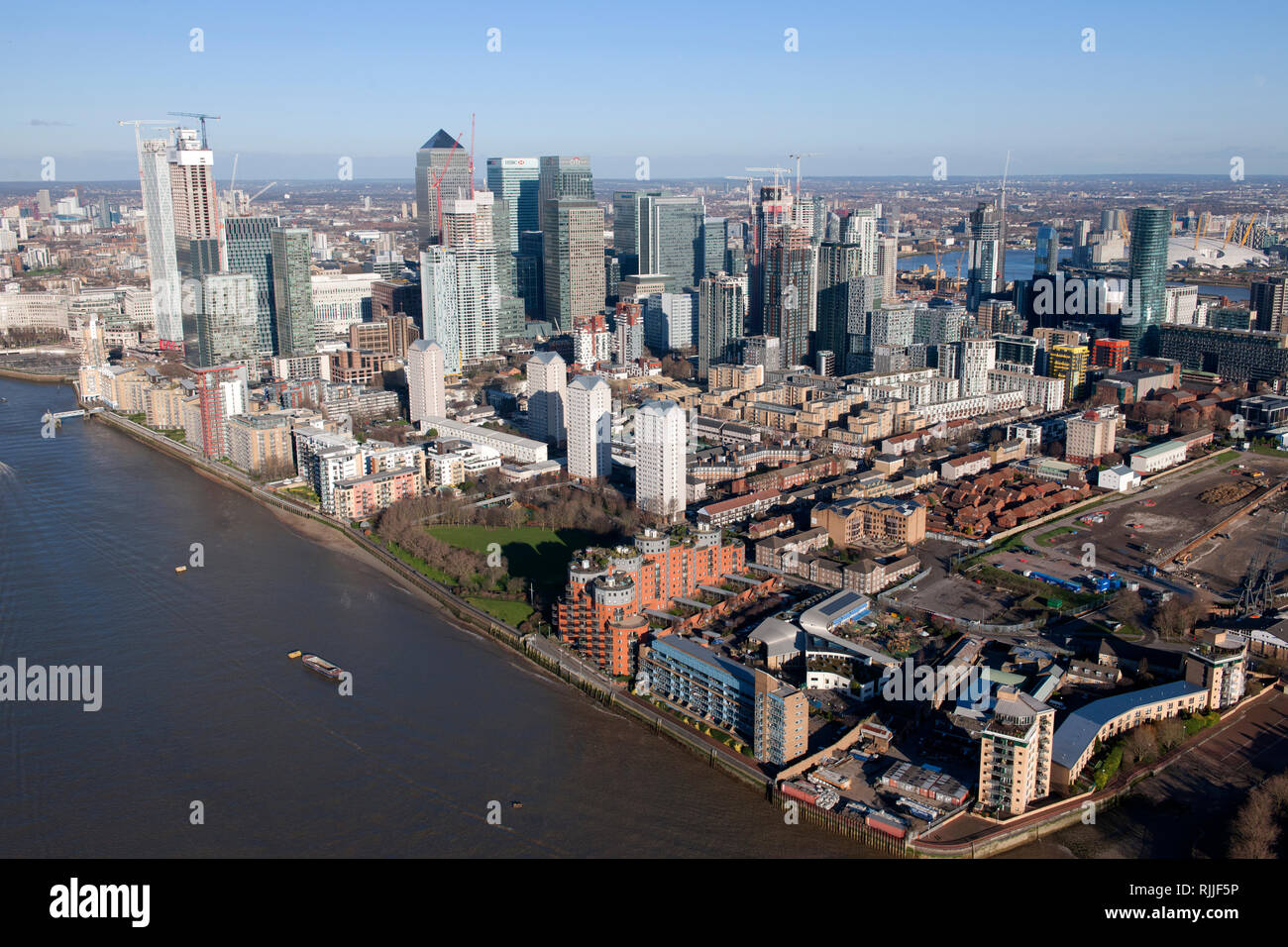 Quartier financier de Canary Wharf depuis les airs. Banque D'Images