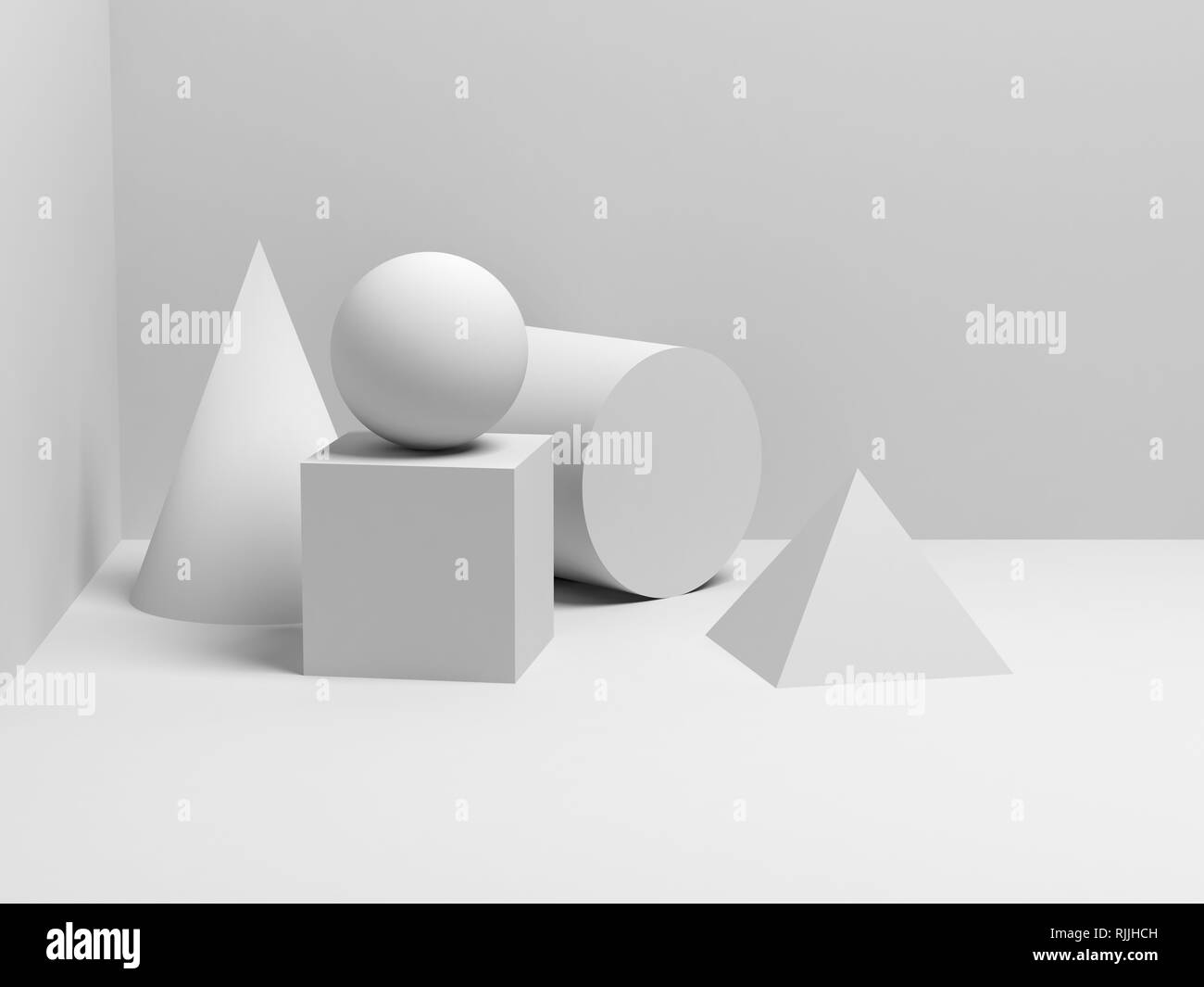 Résumé de l'installation de la vie toujours classique avec des formes géométriques primitives blanc. Illustration 3D render Banque D'Images