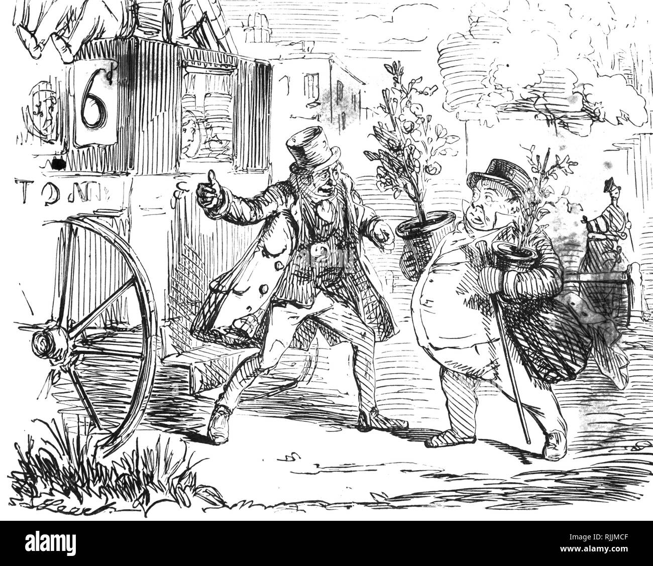 Une caricature des commentaires sur le niveau des services fournis aux passagers des autobus en raison de la rivalité aiguë entre l'omnibus de Londres. Illustré par John Leech (1817-1864), un caricaturiste et illustrateur français. En date du 19e siècle Banque D'Images
