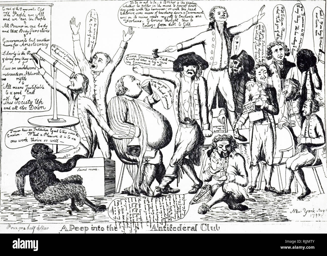 Une caricature représentant le fédéraliste républicains comme une foule de rapports affichés anarchiste fardée avec le diable. Jefferson se dresse sur un banc et déclame sauvagement alors que l'astronome républicain David Rittenhouse stargazes à gauche. En date du 18e siècle Banque D'Images