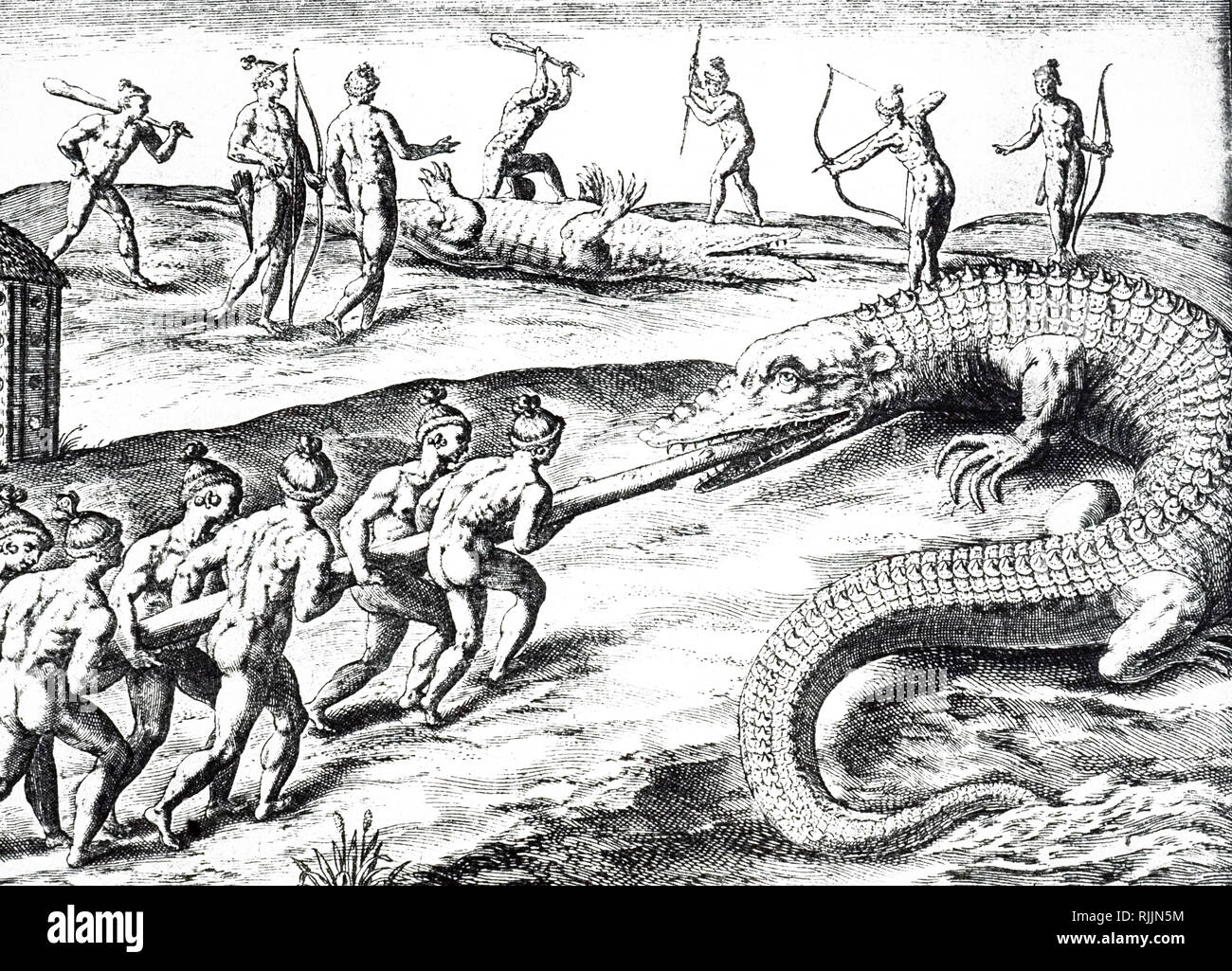 Une gravure sur bois représentant des autochtones américains, en Floride. En date du 16e siècle Banque D'Images Une gravure sur bois représentant des autochtones américains, en Floride. En date du 16e siècle Banque D'Images