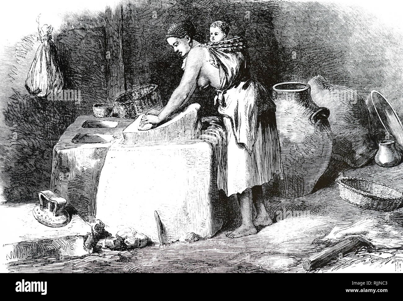 Une gravure représentant les femmes de maïs de meulage, Tigre, l'Abyssinie. En date du 19e siècle Banque D'Images