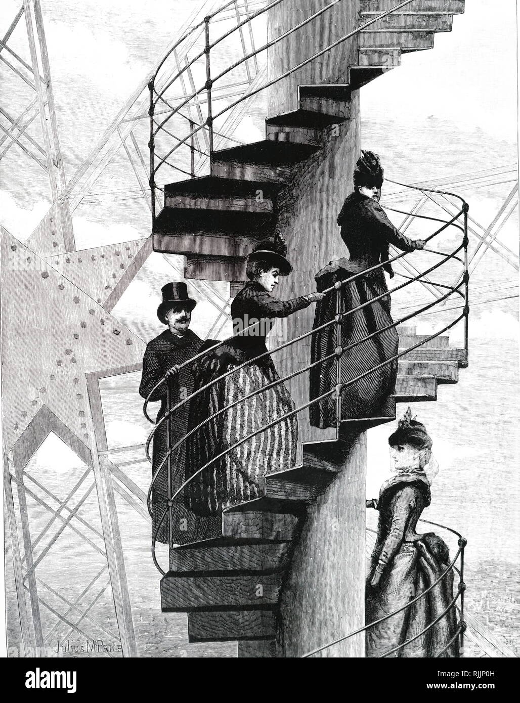 Une gravure illustrant la Parisienne en montant vers le haut de la Tour Eiffel avant l'installation des ascenseurs. En date du 19e siècle Banque D'Images