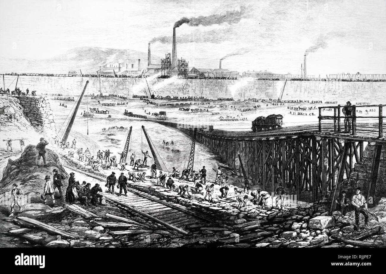 Une gravure illustrant la construction de l'East Dock, Swansea. En date du 19e siècle Banque D'Images