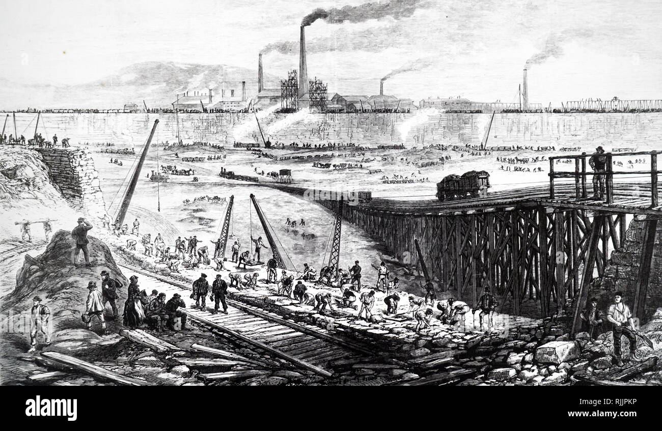 Une gravure illustrant la construction de l'East Dock, Swansea. En date du 19e siècle Banque D'Images