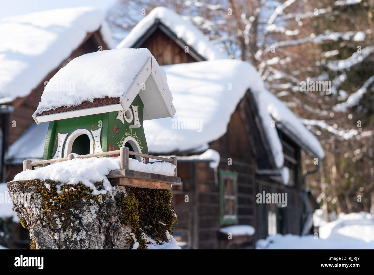 Home-made de l'oiseau en bois convoyeur en hiver, sous la neige. Banque D'Images
