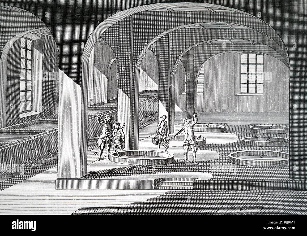 Une gravure représentant le premier étage d'une fabrique de savon. En date du 18e siècle Banque D'Images