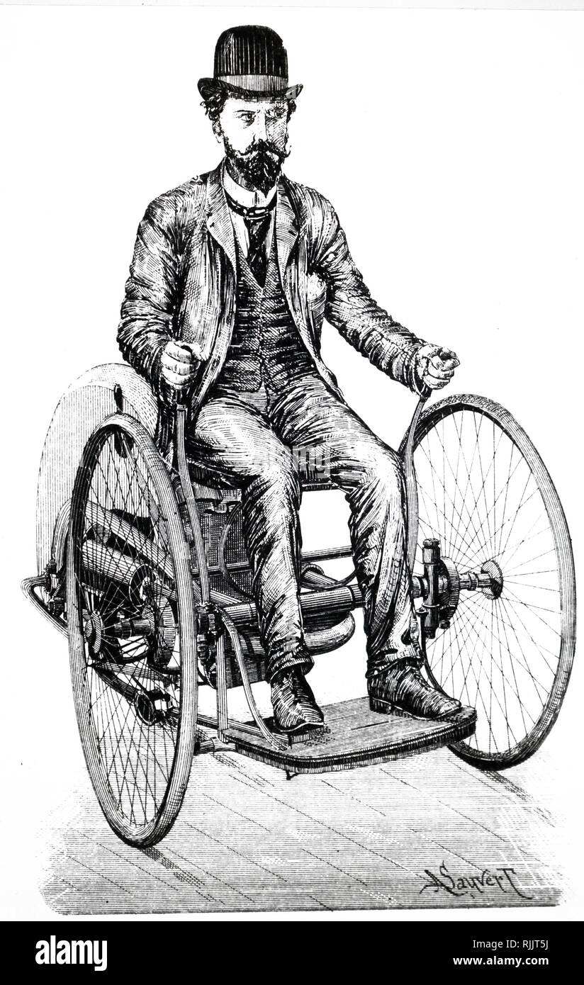 Une gravure représentant une moto propulsée par un moteur essence. En date du 19e siècle Banque D'Images