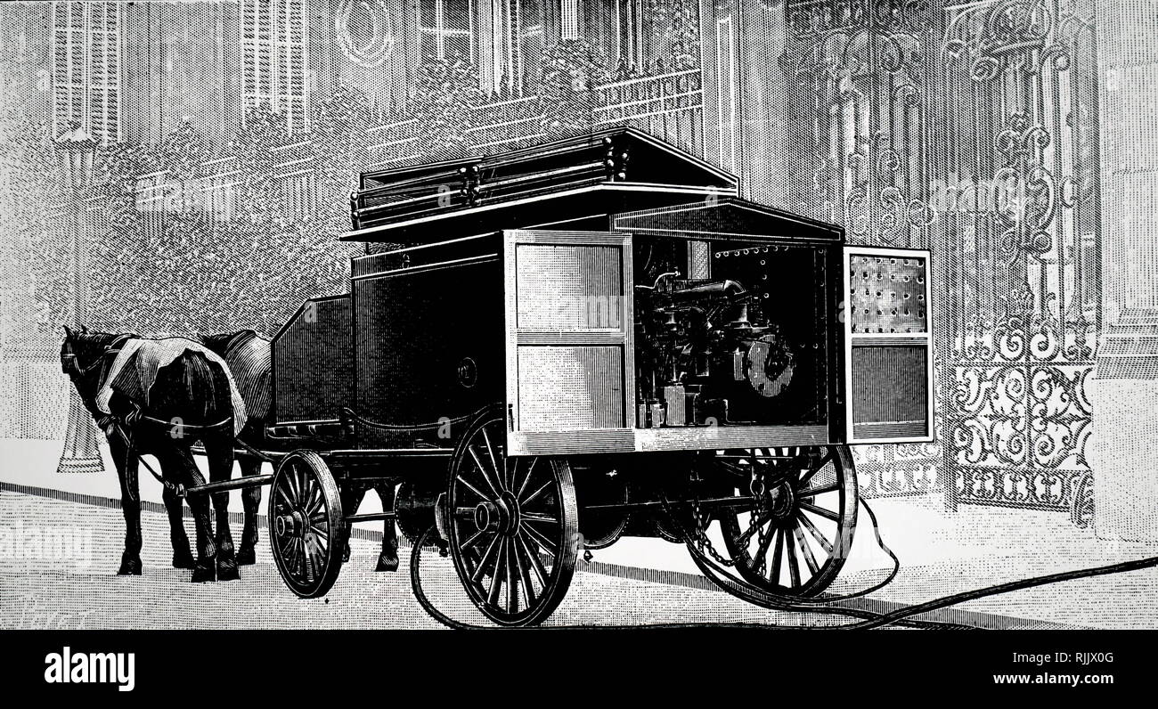 Une gravure représentant J. S. Thurman's horse-drawn van transportant un moteur et compresseur dans la rue fournissant de l'air comprimé pour les entrepreneurs nettoyer un appartement dans le bâtiment voisin. En date du 20e siècle Banque D'Images