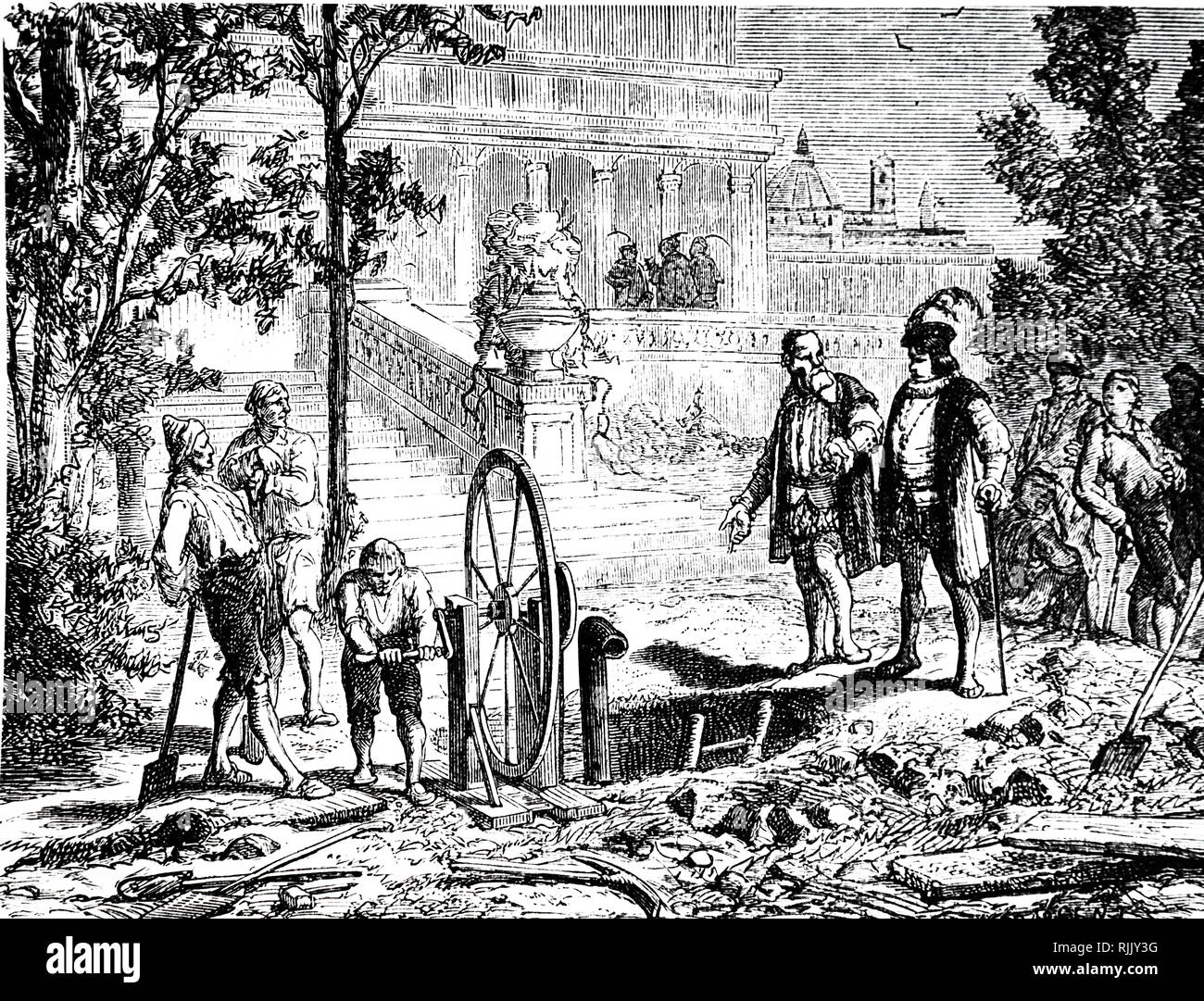 Une gravure sur bois représentant conseiller Galileo le Grand Duc de Toscane sur le pompage des machines. Galileo Galilei (1564-1642), un mathématicien italien, physicien, philosophe, mathématicien, astronome et. En date du 19e siècle Banque D'Images