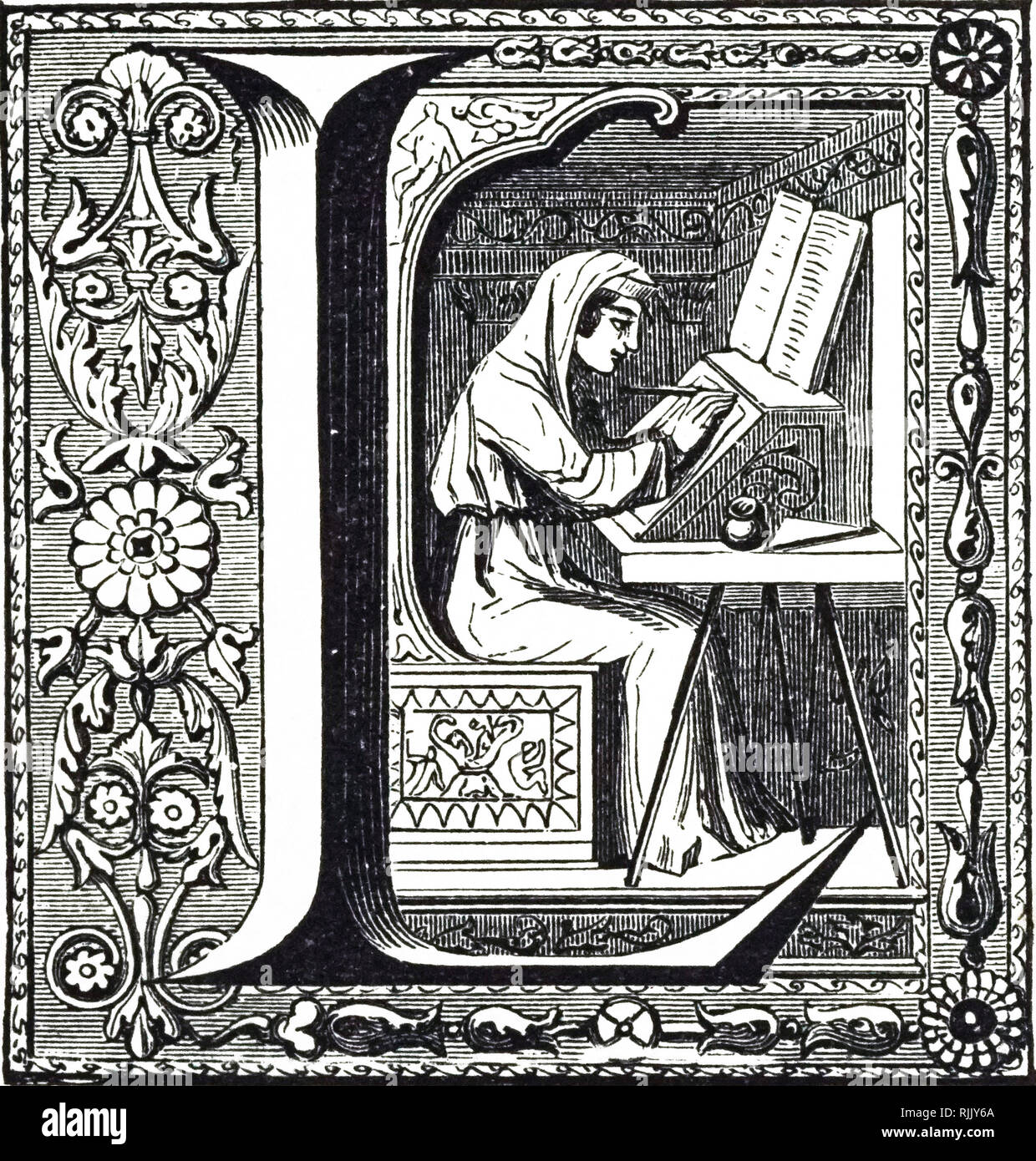 Un manuscrit enluminé - avec l'initiale L - représentant un copiste. En date du 18e siècle Banque D'Images