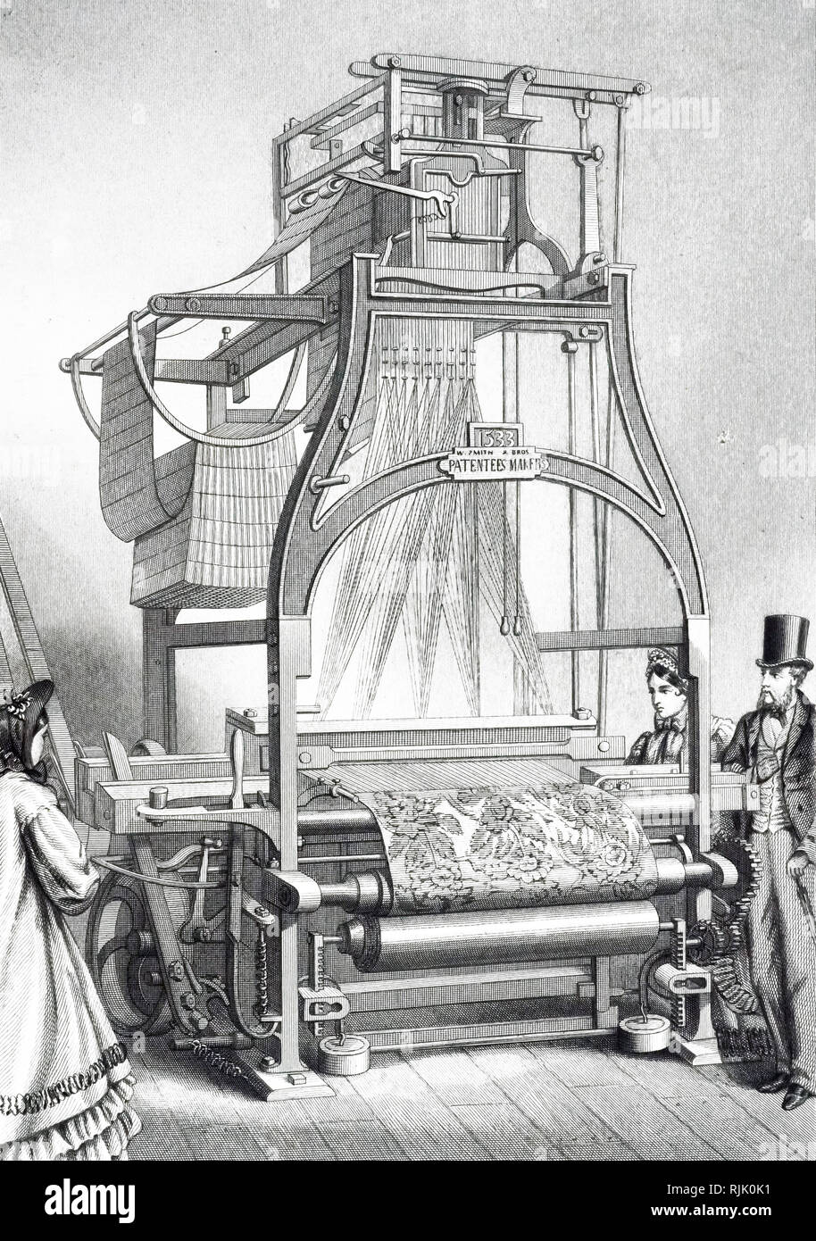 Une gravure représentant un métier Jacquard. La mécanique Jacquard était un  appareil monté sur un métier à tisser mécanique qui simplifie le processus  de fabrication des textiles aux motifs complexes tels que