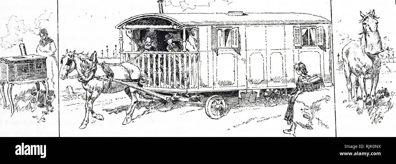 Une gravure représentant roulotte itinérante. En date du 19e siècle Banque D'Images