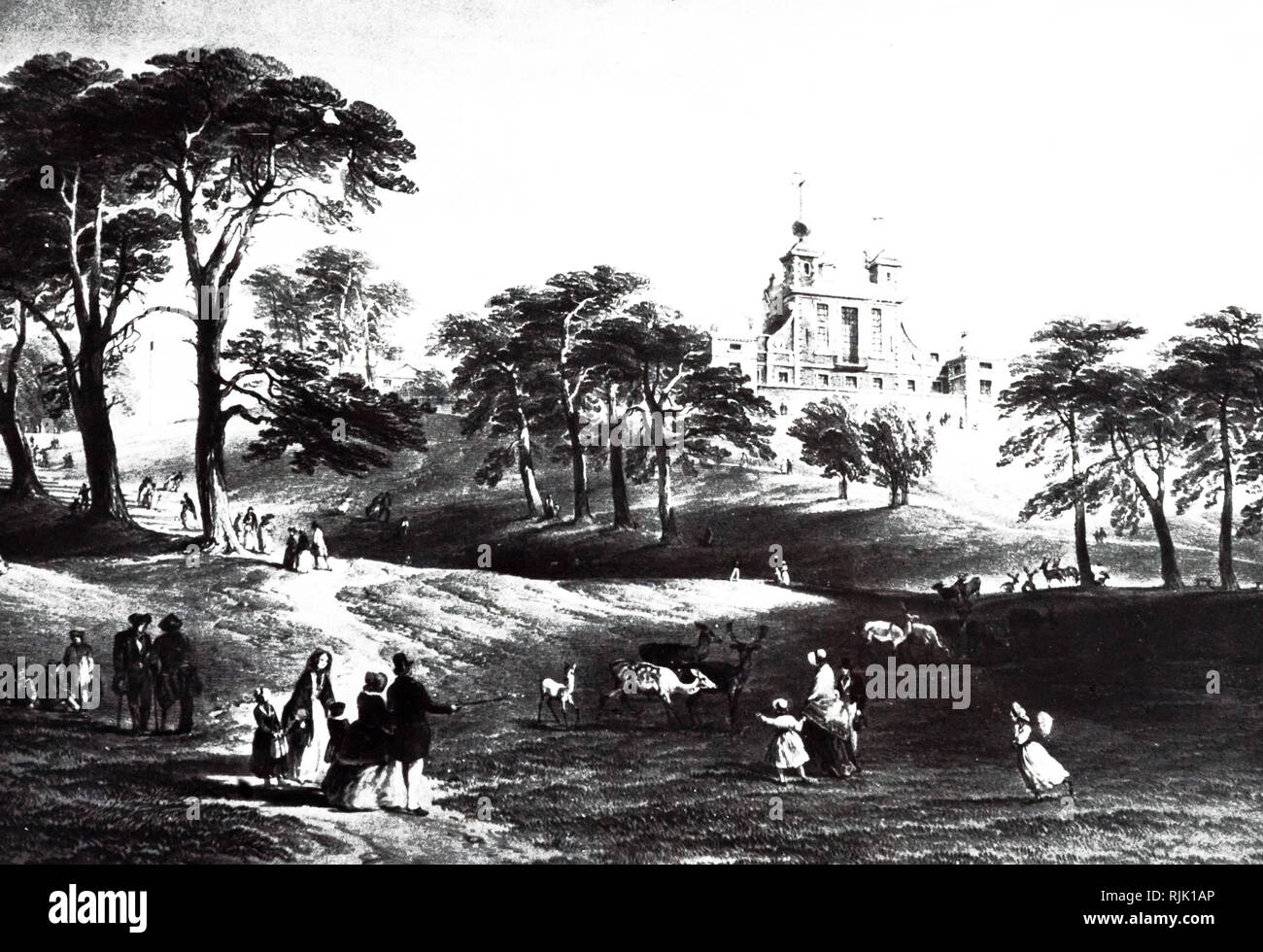 Une gravure représentant un aperçu de Flamsteed House, l'article d'origine l'Observatoire Royal de Greenwich, Parc. Conçu par Sir Christopher Wren (1632-1723) un anatomiste, astronome, mathématicien, géomètre et physicien-architecte. En date du 19e siècle Banque D'Images