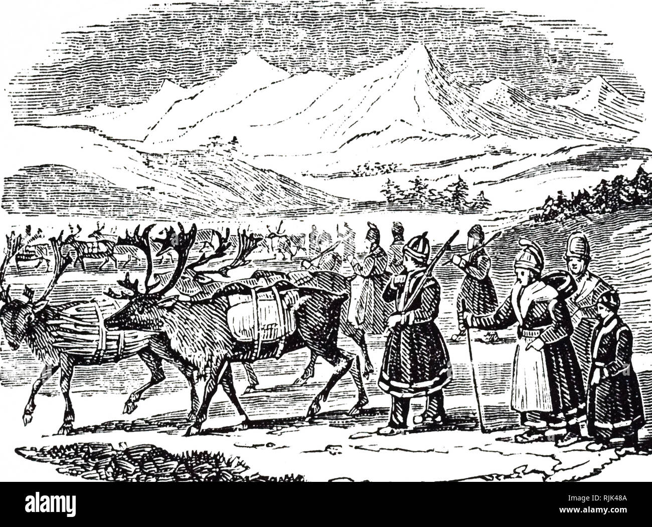 Une gravure illustrant les Lapons de partir en voyage à l'aide de rennes comme animaux de bât. En date du 19e siècle Banque D'Images