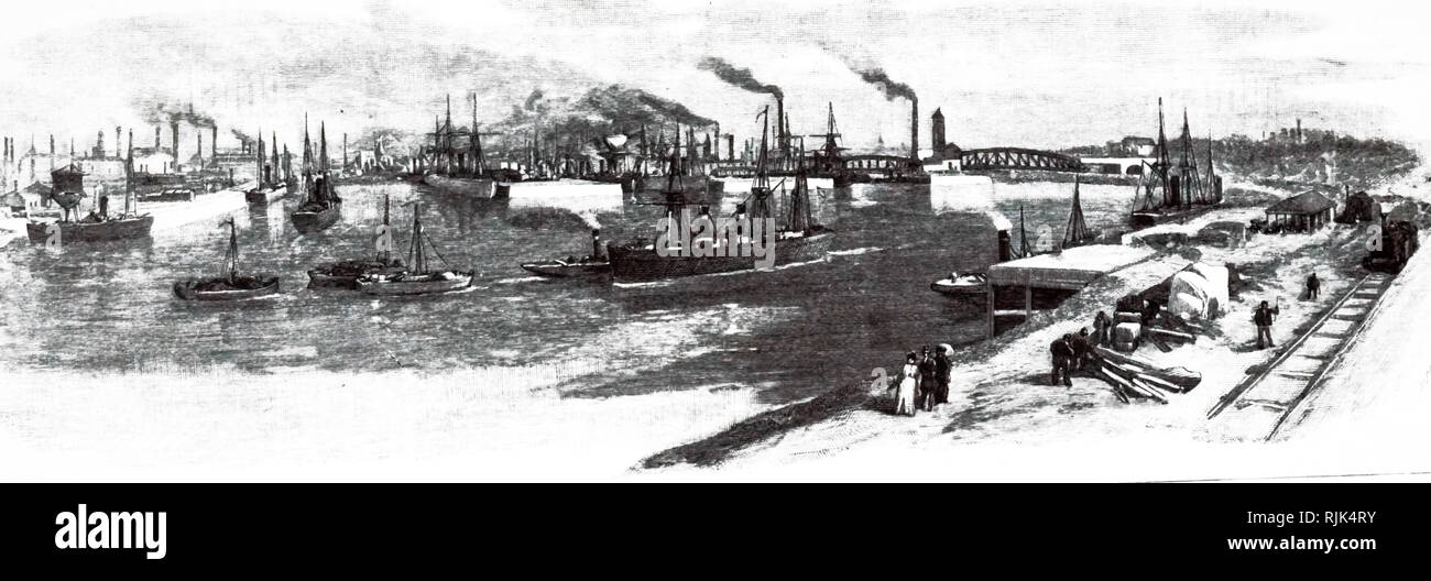 Une gravure représentant des quais à la fin de la Manchester Manchester Ship Canal. En date du 19e siècle Banque D'Images