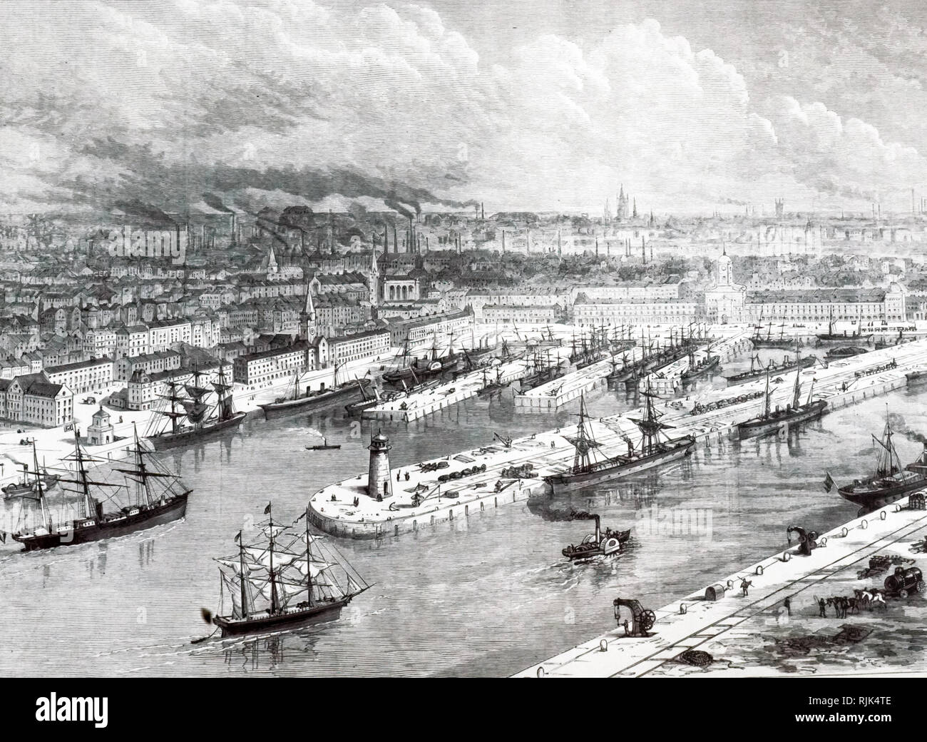 Une gravure représentant les quais au début du Manchester Ship Canal. En date du 19e siècle Banque D'Images