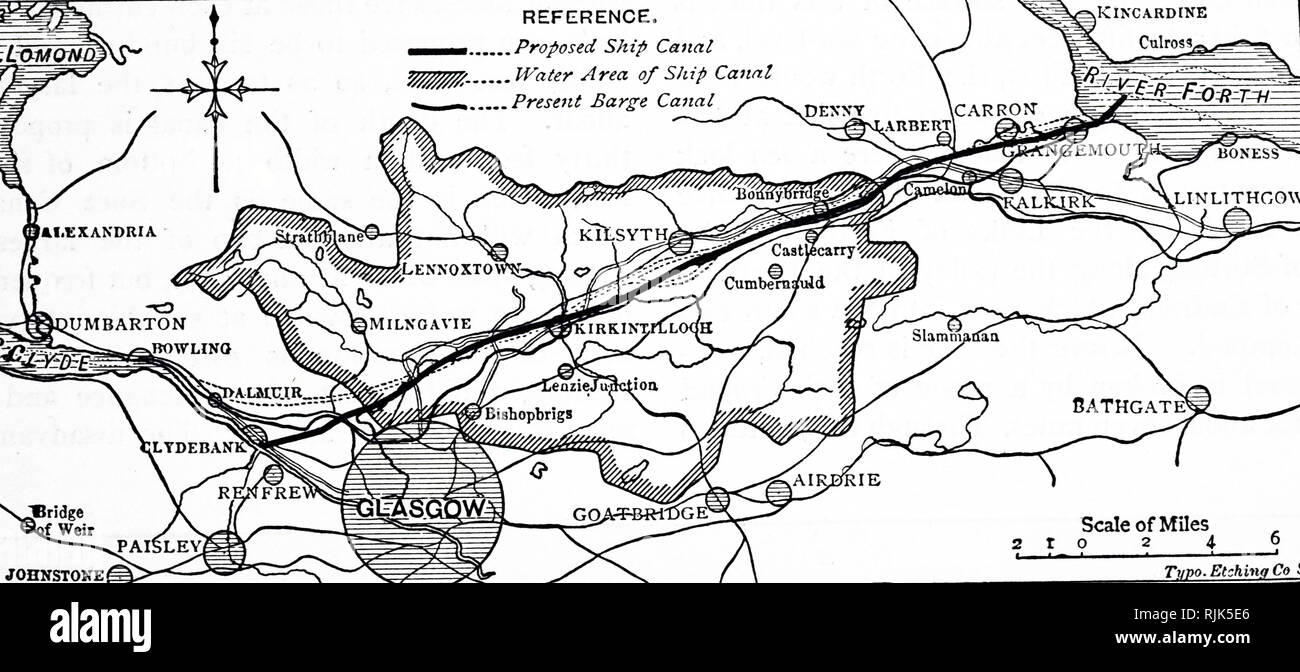 Une carte de l'itinéraire proposé pour le Forth and Clyde Canal Maritime. En date du 19e siècle Banque D'Images