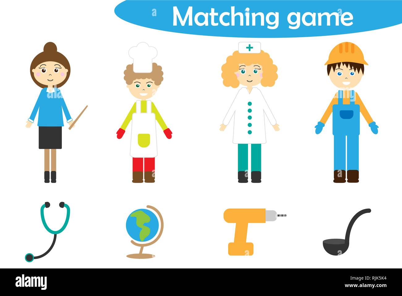 Jeu de correspondance de profession pour les enfants, connecter les choses avec besoin de profession, l'exercice pour les enfants d'âge préscolaire, une tâche logique pour le développement de Illustration de Vecteur