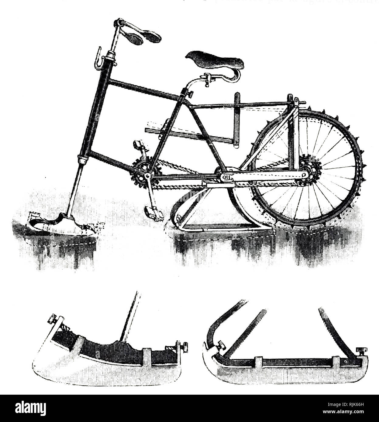 Une gravure représentant un vélocipède de glace avec une roue dentée. En date du 19e siècle Banque D'Images