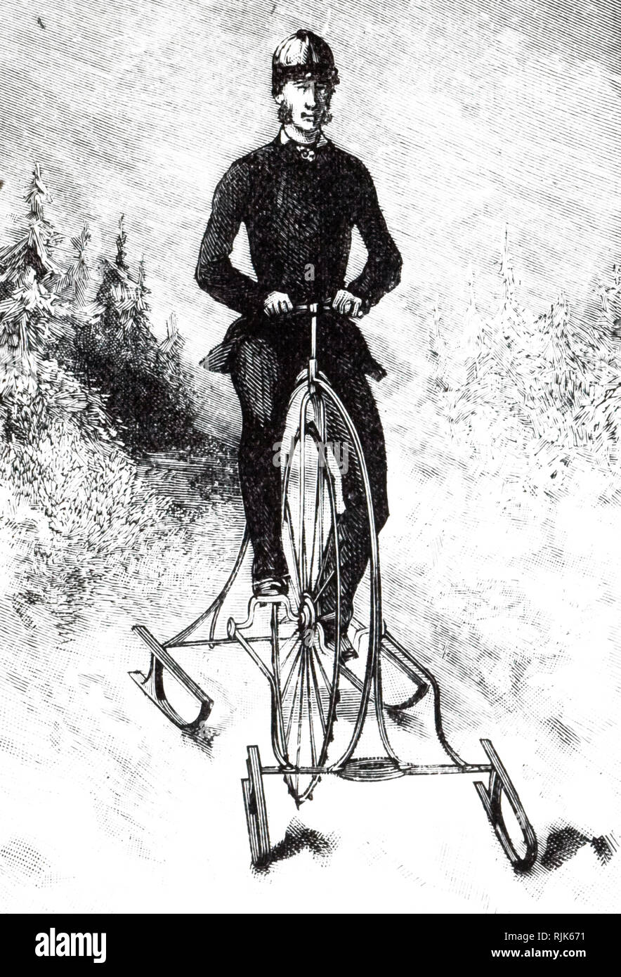 Une gravure représentant un vélocipède de glace avec une roue dentée. En date du 19e siècle Banque D'Images