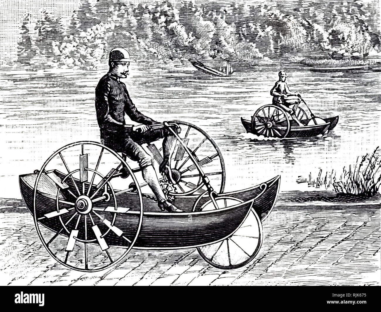 Une gravure représentant une combinaison tricycle et voile pour l'usage sur  la terre et l'eau. En date du 19e siècle Photo Stock - Alamy