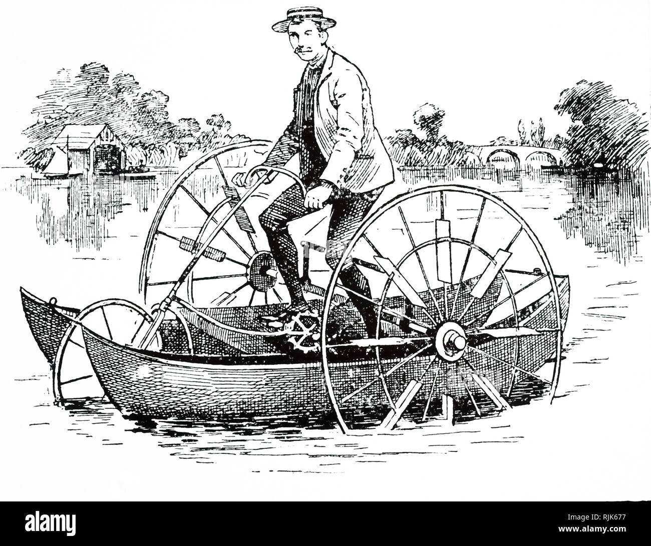 Une gravure représentant une combinaison tricycle et voile pour l'usage sur la terre et l'eau. En date du 19e siècle Banque D'Images