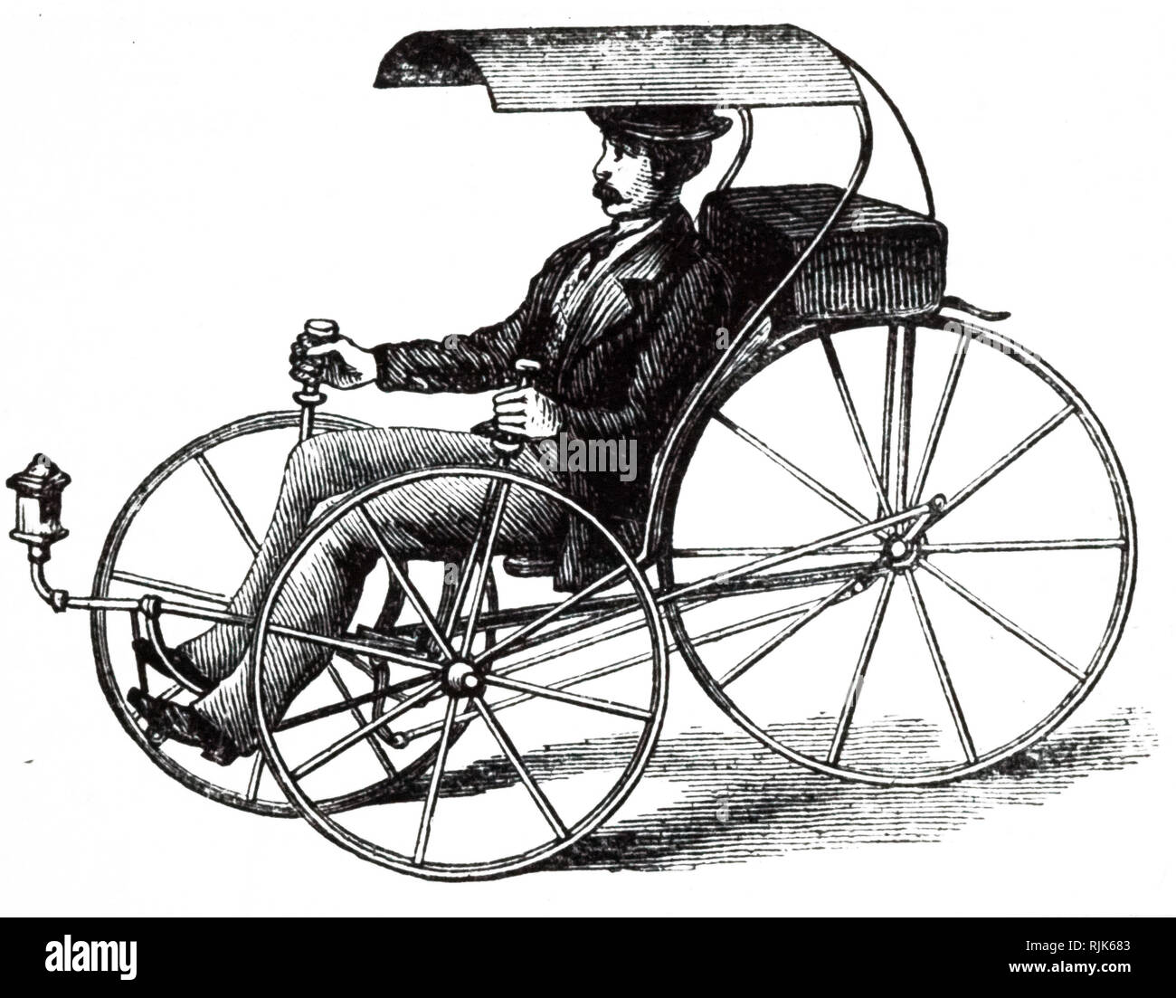 Une gravure représentant un chariot tricycle avec un auvent et météo assurance tablette : crank conduit. En date du 19e siècle Banque D'Images