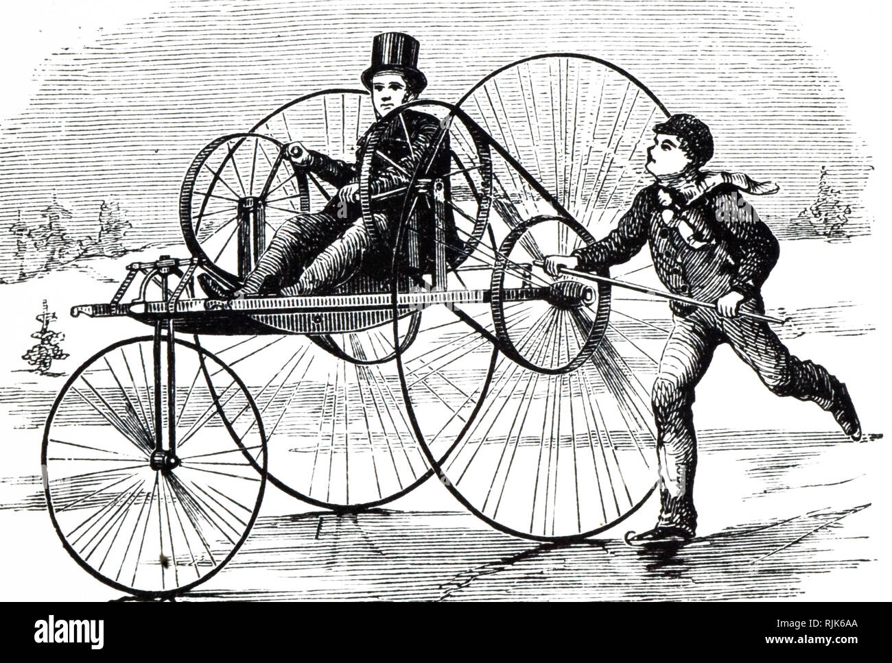 Une gravure représentant un tricycle par George Glasgow : le véhicule était piloté par pieds du passager et alimenté par les mains. En date du 19e siècle Banque D'Images