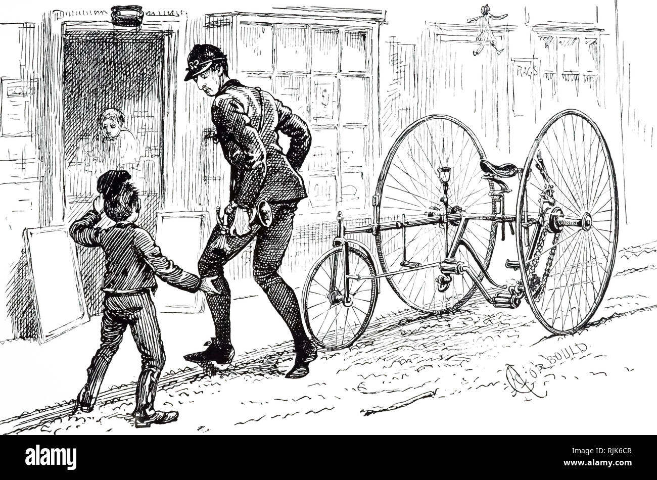 Une gravure représentant un tricycle à un entraînement par chaîne. En date du 19e siècle Banque D'Images